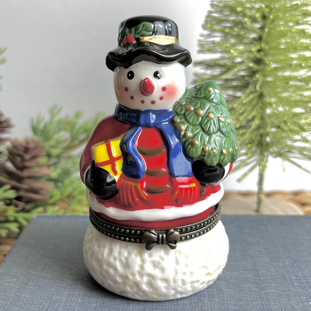 Snowman Christmas Tree Hinged Trinket Box Porcelain Handpainted 3.75" T Winter